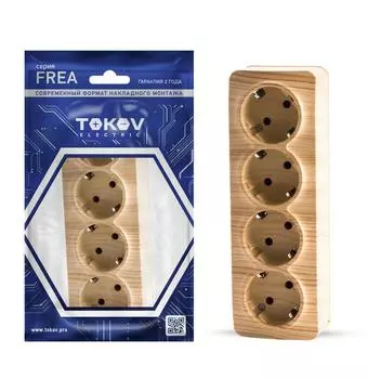 Розетка TOKOV ELECTRIC Frea, открытый монтаж, 4-х постовая, с з/к, 16А, в сборе, IP20, сосна, 1 шт. (TKE-FR-R4Z-C25)