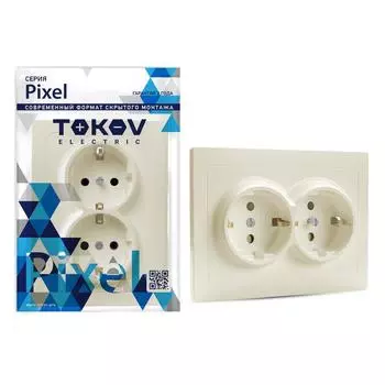 Розетка TOKOV ELECTRIC Pixel, скрытый монтаж, 2-х постовая, с з/к, со шторками, 16А, в сборе, IP20, бежевый, 1 шт. (TKE-PX-R2FZSF-C02)