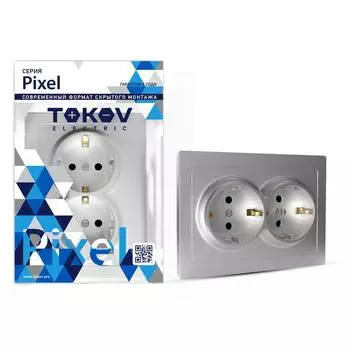 Розетка TOKOV ELECTRIC Pixel, скрытый монтаж, 2-х постовая, с з/к, со шторками, 16А, в сборе, IP20, алюминий, 1 шт. (TKE-PX-R2FZSF-C03)