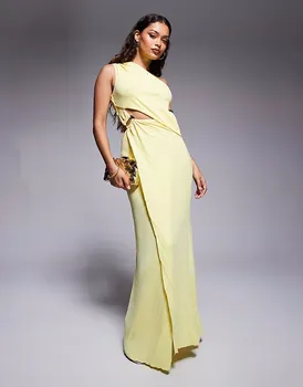 ASOS DESIGN Маленькое плиссированное макси-платье с асимметричным вырезом на одно плечо и юбкой-подгибкой цвета пахты ASOS Petite