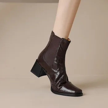 Krazing Pot Sheep Skin Square Toe Winter Med Heel Boots Chelsea Women Zipper Retro Fashion Bottom Boots 34 чёрный