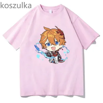 Футболка Tartaglia Genshin Impact-Chibi Childe Пара, женская рубашка из 100% хлопка с милым мультяшным принтом, летние уютные мягкие повседневные топы L