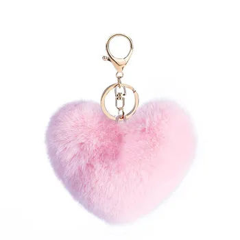 Cute Love Heart Pom Pom Pompon Keychain Loverly Bobbles Fluffy Pompom Key Chain Keyring For Girl Bag Cars Key Pendant 9 cm красный