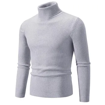 Men s Roll Neck Striped Sweater Autumn Warm Slim Fit Knitted Pullovers High Elastic Casual Solid Color Basic Style Knitwear M чёрный