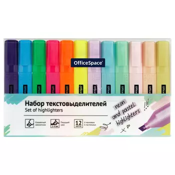 Набор текстовыделителей OfficeSpace 12 цв., 6 цв. пастельные, 6 цв. неоновые, 1-4 мм, ПВХ-бокс