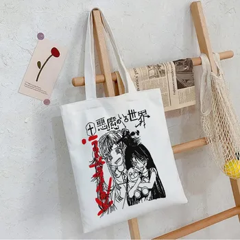 Черная холщовая сумка с принтом Harajuku в стиле панк-девица, аниме-шопер в готическом стиле, большая вместительная винтажная женская сумка, сумка на плечо 24*26cm чёрный