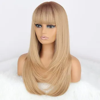 MISS WIG Длинный прямой натуральный многослойный волнистый парик с челкой Синтетическое волокно Ombre Коричневый светлый парик для женщин Повседневная одежда 2