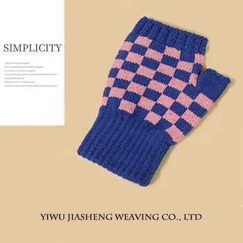 Half-finger Gloves New Style Women s Autumn and Winter Korean Style Checkerboard Contrasting Color Warm and Cold-proof Writing Knitted Gloves One Size