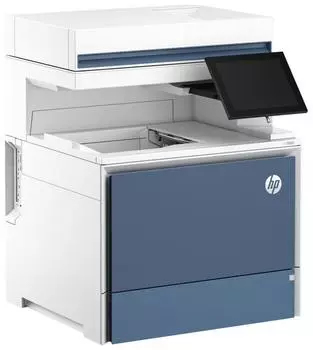 МФУ лазерный HP Color LaserJet Enterprise Flow MFP 6800zf, A4, цветной, 55 стр/мин (A4 ч/б), 55 стр/мин (A4 цв.), 1200x1200 dpi, дуплекс, ДАПД-150 листов, сетевой, USB, белый/синий, требуется запуск через АСЦ (6QN36A)