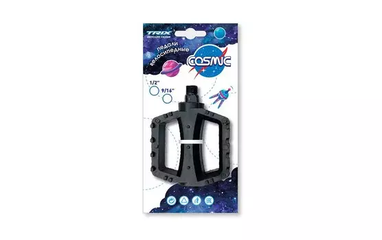 Педали детские TRIX Cosmic, пластиковые, 100x80мм, резьба 1/2", с шипами, черные, PDTX82412CS