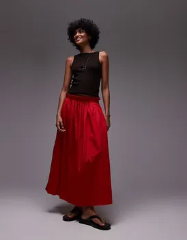 Юбка-солнце Topshop из жатого хлопка, выстиранная, красного цвета