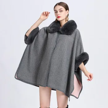 8 цветов 2022, зимнее шерстяное свободное пончо большого размера, уличная одежда, женское пальто с воротником из искусственного кроличьего меха, винтажная длинная накидка с рукавами «летучая мышь» One Size темно-синий