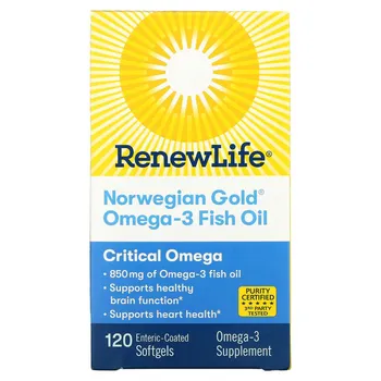 Renew Life, Рыбий жир с омега-3 Norwegian Gold, 850 мг, 120 капсул с кишечнорастворимой оболочкой