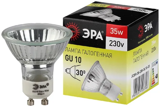 Лампа галогенная GU10, MR16, 35Вт, 525лм, 3000K/теплый, 100 Ra, Эра GU10-JCDR (MR16) -35W-230V (C0027385)