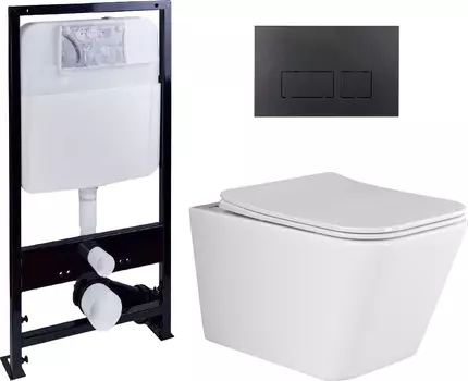 Комплект Унитаз подвесной Ceramica Nova Metric Rimless CN3007 с микролифтом, безободковый + Система инсталляции EWRIKA ProLT 0026-2020 + Кнопка смыва EWRIKA 0044 черная матовая