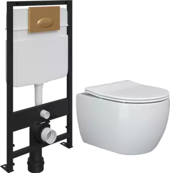 Комплект Унитаз подвесной Ceramica Nova Play CN3001 с микролифтом, безободковый + Система инсталляции для унитазов EWRIKA ProLT 0026-2020 + Кнопка смыва EWRIKA 0053 золото матовое
