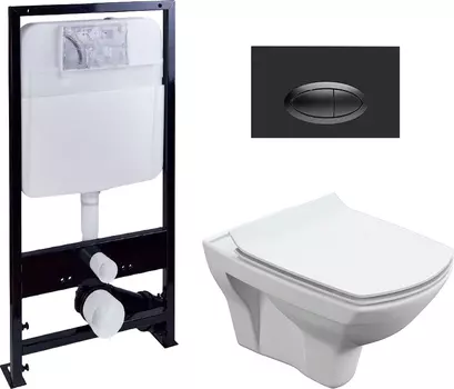Комплект Унитаз подвесной Cersanit Carina XL Clean On DPL EO slim + Система инсталляции EWRIKA ProLT 0026-2020 + Кнопка смыва EWRIKA 0054 черная матовая