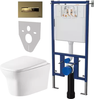 Комплект Унитаз подвесной Cerutti Spa Ami Aria 8780 безободковый, с микролифтом + Система инсталляции для унитазов DIWO 4501 + Кнопка смыва DIWO 7325 золотая