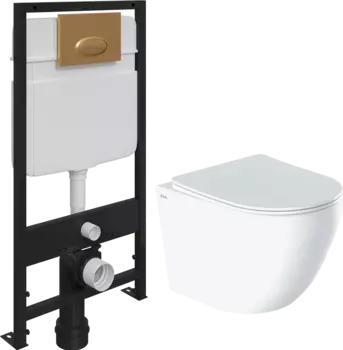 Комплект Унитаз подвесной IDDIS Blanco BLARDSEi25 безободковый, с микролифтом + Система инсталляции для унитазов EWRIKA ProLT 0026-2020 + Кнопка смыва EWRIKA 0053 золото матовое