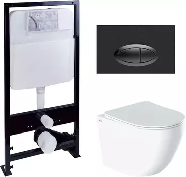 Комплект Унитаз подвесной IDDIS Blanco BLARDSEi25 безободковый, с микролифтом + Система инсталляции EWRIKA ProLT 0026-2020 + Кнопка смыва EWRIKA 0054 черная матовая