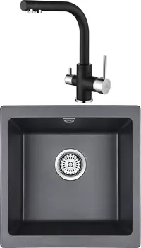 Комплект Мойка кухонная Paulmark Brilon PM104546-BLM черный металлик + Смеситель Paulmark Essen Es213011-418 для кухонной мойки, черный металлик