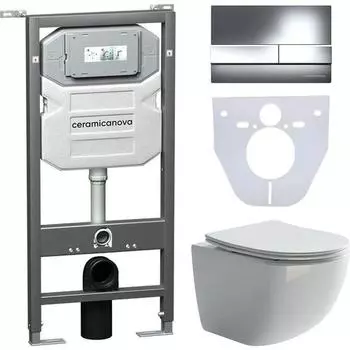 Комплект Унитаз подвесной Ceramicanova Forma CN3009 безободковый, с микролифтом + Инсталляция Envision CN1002CH + Кнопка Flat, хром