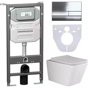 Комплект Унитаз подвесной Ceramicanova Metric CN3007 безободковый, с микролифтом + Инсталляция Envision CN1002CH + Кнопка Flat, хром