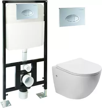Комплект SantiLine SL-5018 + SL-01 безободковый унитаз, с микролифтом + система инсталляции с кнопкой смыва