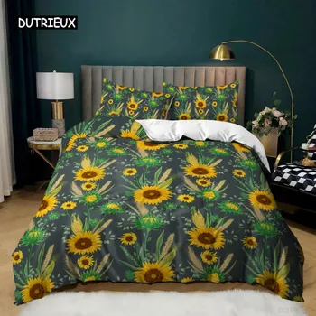 Sunflower Duvet Cover Set King Queen Size Girly Yellow Floral Print Comforter Cover Microfiber Flowers Pattern Twin Bedding Set EU single(135x200cm)