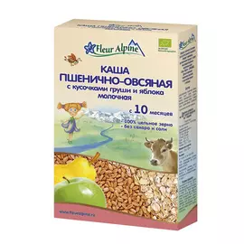 Каша молочная детская Fleur Alpine ПШЕНИЧНО-ОВСЯНАЯ с кусочками груши и яблока, с 10 месяцев, 200 г
