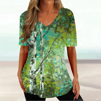 Women s Floral Print T Shirt Relaxed Ladies Clothes V-Neck Fashion Short Sleeve Tees Female Oversized Sweatshirt Loose Tops M