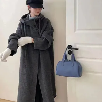 Корейский стиль с капюшоном длинное двухстороннее кашемировое пальто для женщин роговые пуговицы утолщенное шерстяное пальто S