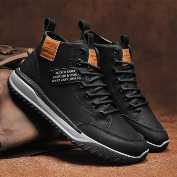 Fashion Leather Men s Sneakers Luxury High Top Casual Shoes for Man Lace-Up Flat Shoes Ankle Boots Fashion Skate Shoes Men Breathable 39 коричневый