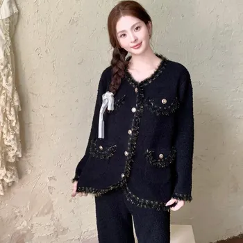 New Style Soft Half-side Velvet Pajamas Women s Winter Thickened Light Advanced Sense Warm Light Home Clothes M бежевый