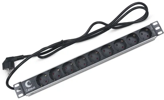 Блок розеток 19", 9 розеток Cabeus PDU-9P-2EU для 19" шкафов, горизонтальный, 16 A, без выключателя, шнур 2м, алюминиевый корпус, немецкий стандарт