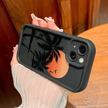 Для iPhone 16 15 14 13 12 11 Pro Max XS Max XR X SE 8 7 Мягкий силиконовый чехол для защиты линз с рисунком кокосовой пальмы и заката iPhone 8 белый