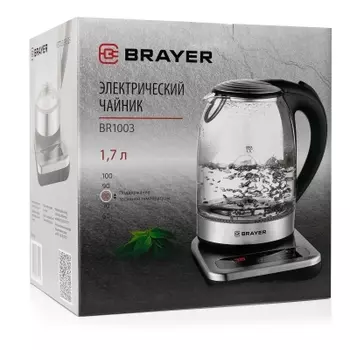 Чайник электрический BRAYER BR1003 1.7л. 2.2 кВт, металл/стекло, черный/серебристый