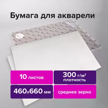 Бумага для акварели 10 листов, 460х660 мм, 300г/м, белый, BRAUBERG ART 113233 (113233)