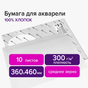 Бумага для акварели 10 листов, А3, 300г/м, твердая обложка - BRAUBERG ART, BRAUBERG CLASSIC 113226 (4606224325224)