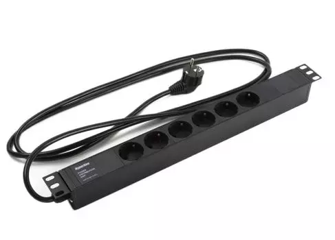 Блок розеток 19", 6 розеток Hyperline SHE19-6SH-2EU горизонтальный, 6 розетки Schuko, кабель питания 2м (3х1.5мм2) с вилкой Schuko 16A, 250В, 482.6x44