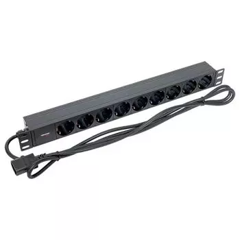 Блок розеток 19", 9 розеток EKF TRP-HPD-10A-9SH-2MC14 PDU TERACOM PRO 1U 10А/250В Schuko шнур 2 м 3x1,5 мм2 вилка C14 корпус алюминий черный