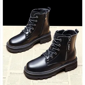 Fashion Pu Leather Platform Ankle Boots Women Lace-Up Zipper Thicked Plush Snow Boots Woman Winter Non-Slip Warm Cotton Shoes 35 белый