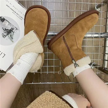 Новые модные женские короткие ботинки, зимние теплые короткие плюшевые женские зимние ботинки на плоской подошве, нескользящие женские зимние сапоги 35 темно-коричневого