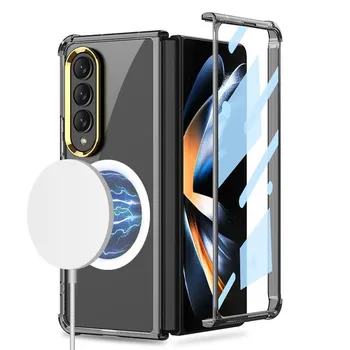 Прозрачный магнитный чехол для телефона Samsung Galaxy Z Fold 4 5g с закаленным стеклом Hd Fold4, четыре угла, задняя крышка с защитой от падения Case & Screen Protector чистый