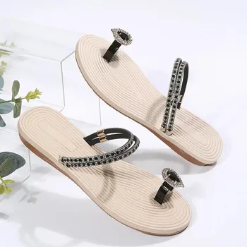 Женские сандалии-гладиаторы Zapatos Mujer Crystal, летние пляжные тапочки на плоской подошве с застежкой-молнией, женские сандалии размера плюс 43 35