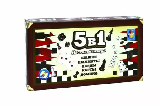 1toy Игра настольная 5в1 "Шашки/шахматы/нарды/карты/домино" на магните 25х13,2х3,5см