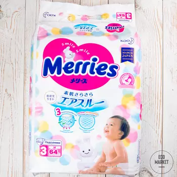 Подгузники Merries для детей, размер M, 6-11 кг ~ 64 шт