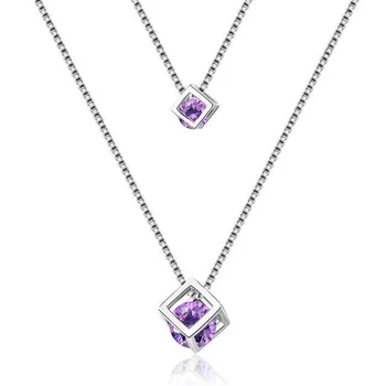 Настоящее серебро 925 пробы, двухслойный кристалл, квадратный подвесной ожерелье для женщин, свадебные романтические украшения, колье-воротник белый