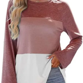Женская блузка Colorblock с длинным рукавом и круглым вырезом, повседневная свободная рубашка, топы S