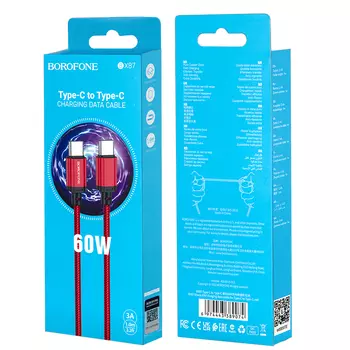 Кабель USB Type-C-USB Type-C, быстрая зарядка, 3А, 60 Вт, 1 м, красный, Borofone Sharp BX87